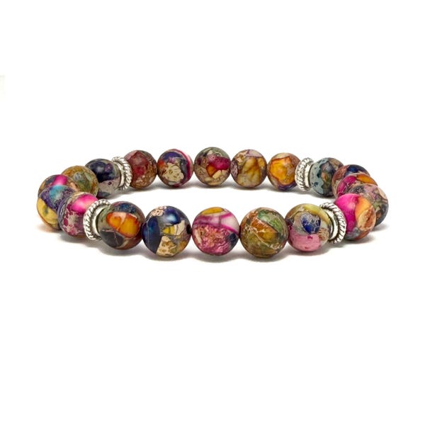 Colorful Sea Sediment Jasper Bracelet | Natural Stone Beads | Regalite Stretch Design | Modern Boho Jewelry