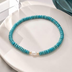 Turquoise & Pearl Tiny Bead Bracelet - Rondelle Gemstones, Minimalist, Stackable Stretch Style