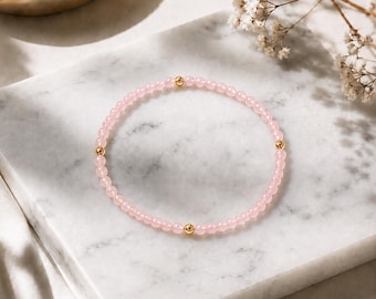 Rose Quartz Bead Bracelet, Dainty 4mm Stones, Gold/Silver Accents