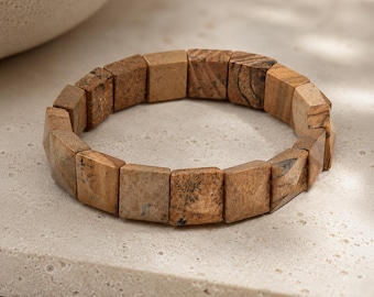 Picture Jasper Statement Bracelet | Square Faceted Gemstone Stretch