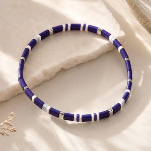 Miyuki Tila Bead Bracelet: Matte Cosmic Blue, White, Silver Stretch Jewelry