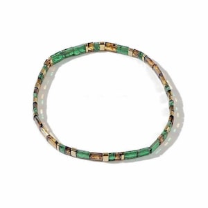 Miyuki Tila Bead Bracelet: Translucent Green & Gold Stretch Bracelet