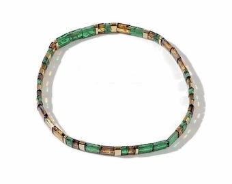 Miyuki Tila Bead Bracelet: Translucent Green & Gold Stretch Bracelet
