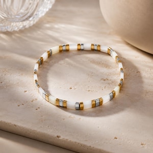 Miyuki Tila Bead Bracelet: Gold, Silver, White Glass Tila Style