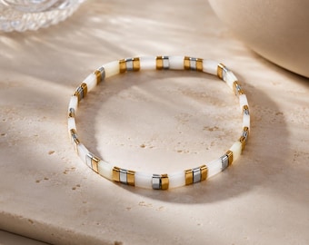 Miyuki Tila Bead Bracelet: Gold, Silver, White Glass Tila Style