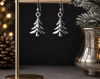 Dainty Christmas Tree Earrings | Silver Holiday Dangle | Festive Charm Jewelry | Winter Gift