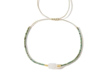 White Jade Adjustable Bracelet | Green Stone Beads | Minimal Layering Jewelry