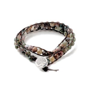 Wrap Bracelet with Indian Agate Beads and Tree of Life charm, leather, 2 loops