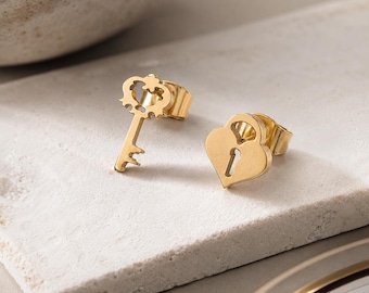 Lock & Key Earrings, Dainty Studs, Gold-toned 304 Stainless Steel