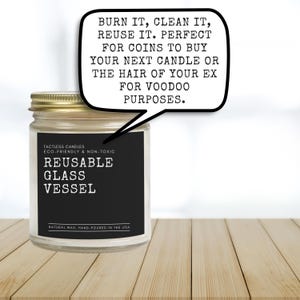 a jar of candles with a speech bubble above it
