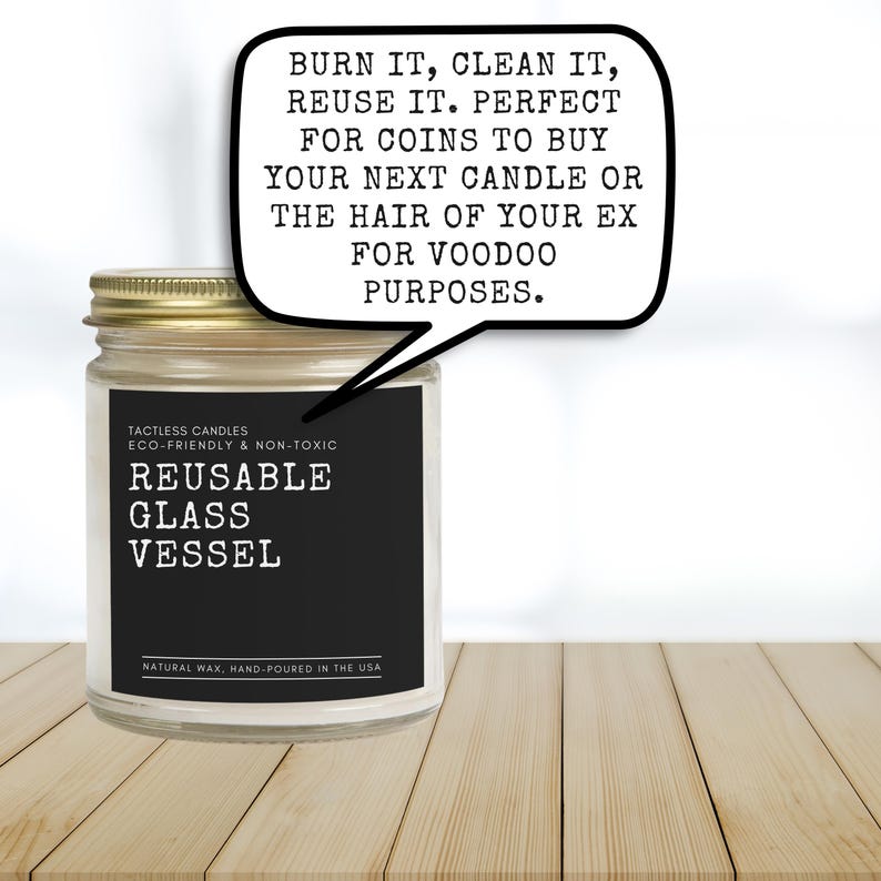 a jar of candles with a speech bubble above it