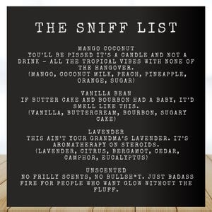 a sign on a wooden table that says the sniff list