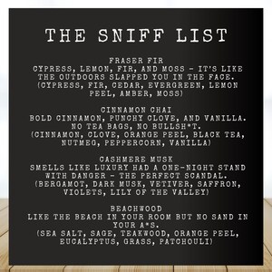 a black and white poster with the words the sniff list