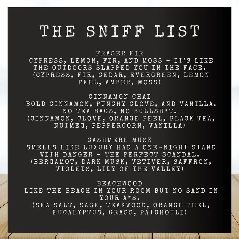 a black and white poster with the words the sniff list
