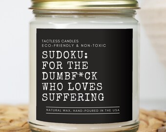 Vela de sudoku divertida, Sudoku: para el idiota que ama sufrir. Regalo para ella o para él, trofeo de rompecabezas de sudoku, regalo para personas mayores. ASMR hipnótico.