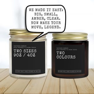 two jars of candles with a speech bubble saying we made it easy, big,