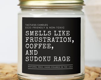 Funny sudoku candle, Smells like frustration, coffee,  and  Sudoku rage Gift for Her or Him,  sudoku puzzle trophy, senior present