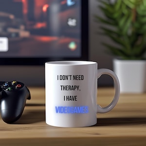 No necesito terapia, tengo videojuegos. Taza, regalo de jugador, taza de juegos, tazas divertidas, taza de café, regalos divertidos, regalo de Navidad, regalo de cumpleaños.