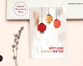 Deseos de linterna: Tarjeta digital de Año Nuevo Lunar / Año Nuevo chino / Tarjeta de Año Nuevo Lunar / Descarga digital imprimible