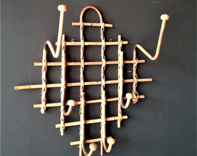 Vintage Bamboo Rattan Wall Hook Hat Rack, Natural Bamboo Cane With