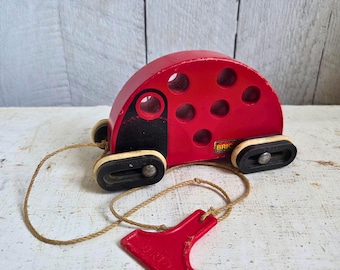 Vintage Wood Lady Bug Pull Toy, 1980s Brio Toy