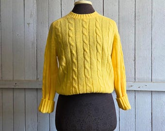 Vintage Yellow Cable Knit Pullover Sweater, 1970s Acrylic Knit Unisex Size Small