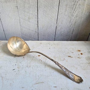 May include: A vintage silver ladle with a leaf-shaped bowl and a long, curved handle. The handle features ornate detailing near the end. The ladle rests on a distressed white surface against a weathered wood backdrop.