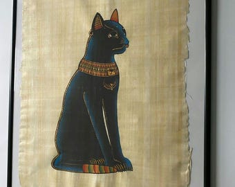 Egyptian Papyrus Painting: Black Cat Art, Ancient Decor