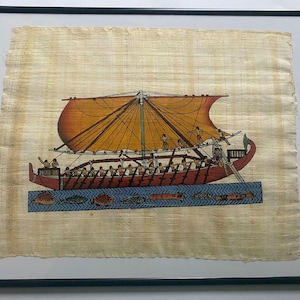 ship on the Nile river, Egyptian papyrus Painting, Ancient Egyptian Painting, Hand Painted Papyrus, Egyptian Wall Decor, Papyrus Art