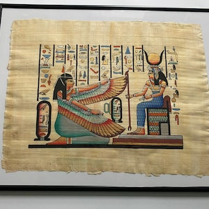 Egyptian papyrus Painting of winged maat and Nefertiti, Ancient Egyptian Painting, Hand Painted Papyrus, Egyptian Wall Decor, Papyrus Art.