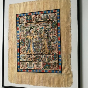 Egyptian papyrus Painting of Tutankhamun and his wife, Ancient Egyptian Painting, Hand Painted Papyrus, Egyptian Wall Decor, Papyrus Art.
