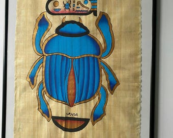 Egyptian Scarab Beetle Papyrus Painting: Khepri Rising Sun Art