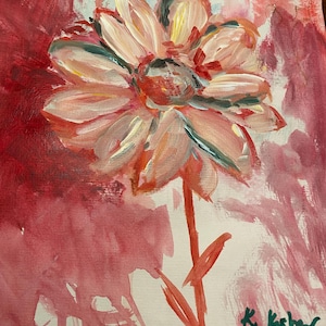 Può includere: Dipinto ad acquerello originale di un grande fiore con petali a strati nei toni del rosa, pesca e bianco. Il fiore ha un centro rosso scuro e un lungo stelo. Lo sfondo è una miscela di pennellate rosse e rosa. Firmato "K. Kasher 2/25".