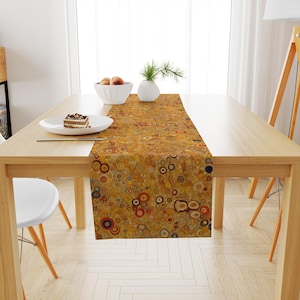 Golden Klimt Digital Print Table Runner, Modern Art, Stain Resistant, Custom Size