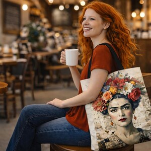 Florale afrozentrische Kunst-Einkaufstasche - Frida Hommage, wiederverwendbare Einkaufstasche