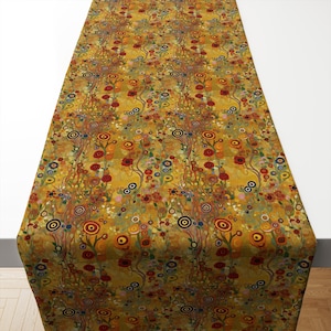 Klimt Inspired Gold Digital Print Table Runner, Art Deco, Stain Resistant, Custom Size