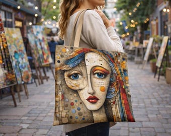 Abstract Mosaic Portrait Tote Bag – Artistic Digital Print Canvas Shopping Bag