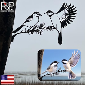 RUSTIC PERCH Chickadees Metal Bird Tree Art Corten Steel Garden Yard Decor Unique Outdoor Handcrafted Birds Lovers Gift Wall Statue Sign USA