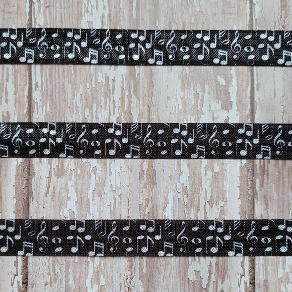 White Music Notes Printed on Black Fold Over Elastic, 5/8"