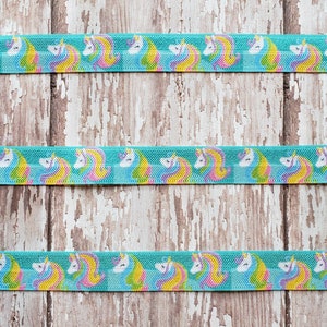Rainbow Mane Unicorns on Teal Fold Over Elastic, 5/8&quot;