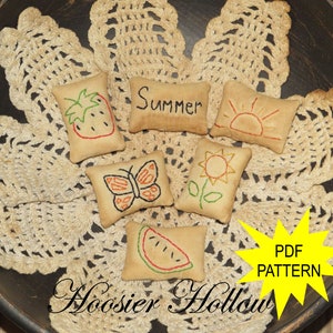 Mini Summer Pillows Bowl Fillers Pattern, Primitive Stitchery Sewing epattern, Instant Download, PDF
