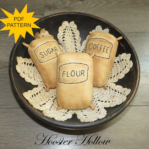 Primitive Pattern, Flour Sugar Coffee Sacks, Bowl Fillers, PDF Instant Download, Sewing, Embroidery, Stitchery, Country Farmhouse ePattern