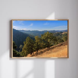 May include: A framed landscape print showing a hillside with trees and golden grass under a bright blue sky. The print is in a natural wood frame, adding a rustic touch to the artwork.