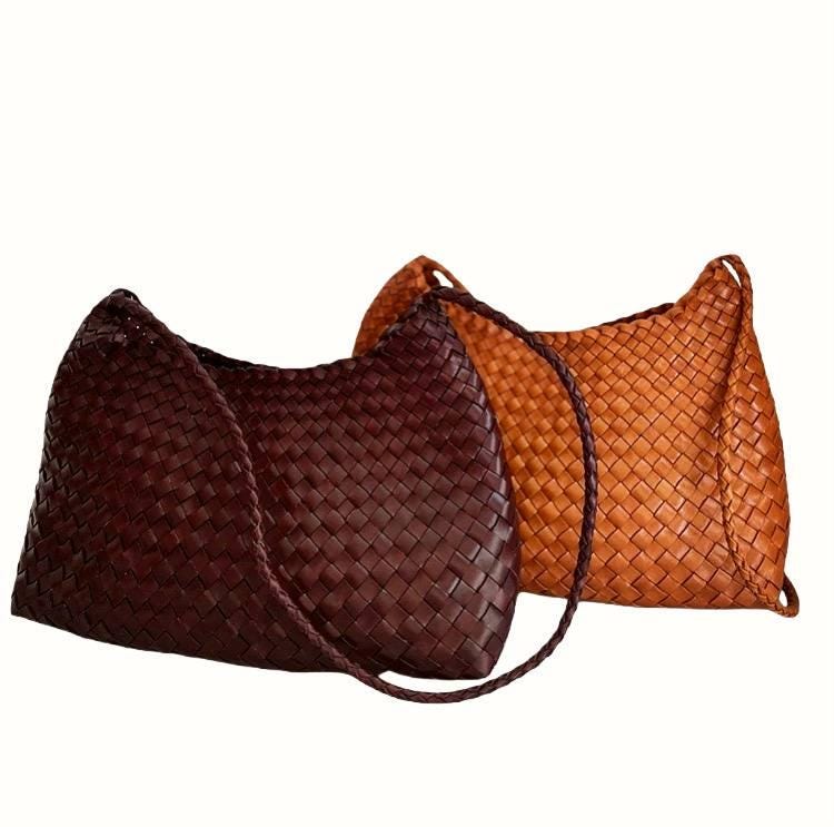 Handcrafted Woven Leather Tote Bag, Hand Woven Ladies HOBO Bag,Summer Holiday Bag,Gift for wife,SITING Retro pure handmade cowhide woven bag