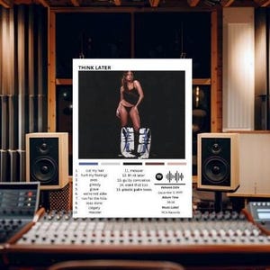 May include: Album cover art for the album "Think Later" by the artist,  Selena Gomez. The cover features a woman wearing a black bikini top and black underwear, standing on a pair of white and blue sneakers. The album title is printed in white text at the top of the cover.