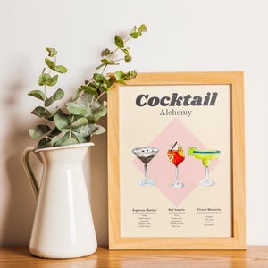 Vintage handgeschilderde cocktail aquarel print, barwagen prints, klassieke cocktailkunst aan de muur, alcohol prints, retro muurkunst