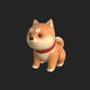 May include: A small, orange and white Shiba Inu dog figurine with a red collar. The dog is sitting with its head tilted to the side and its eyes closed.