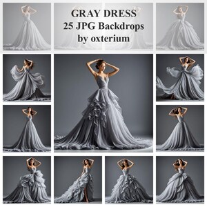 Könnte beinhalten: Eine Sammlung von Bildern, die ein graues Kleid zeigen. Das Kleid hat einen fließenden Rock und ein eng anliegendes Oberteil. Der Text "GRAY DRESS 25 JPG Backdrops by oxterium" ist oben zu sehen. Die Bilder sind vor einem grauen Hintergrund.