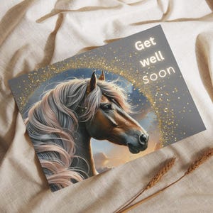 Biglietto di auguri di pronta guarigione. Un biglietto gentile e premuroso per augurare buona guarigione al tuo amico equino.