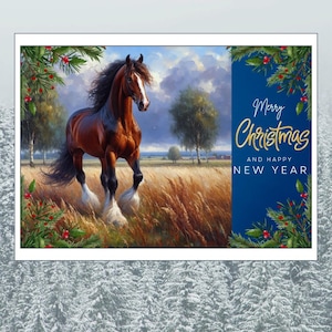 Carte de Noël représentant un beau cheval galopant gracieusement à travers un champ